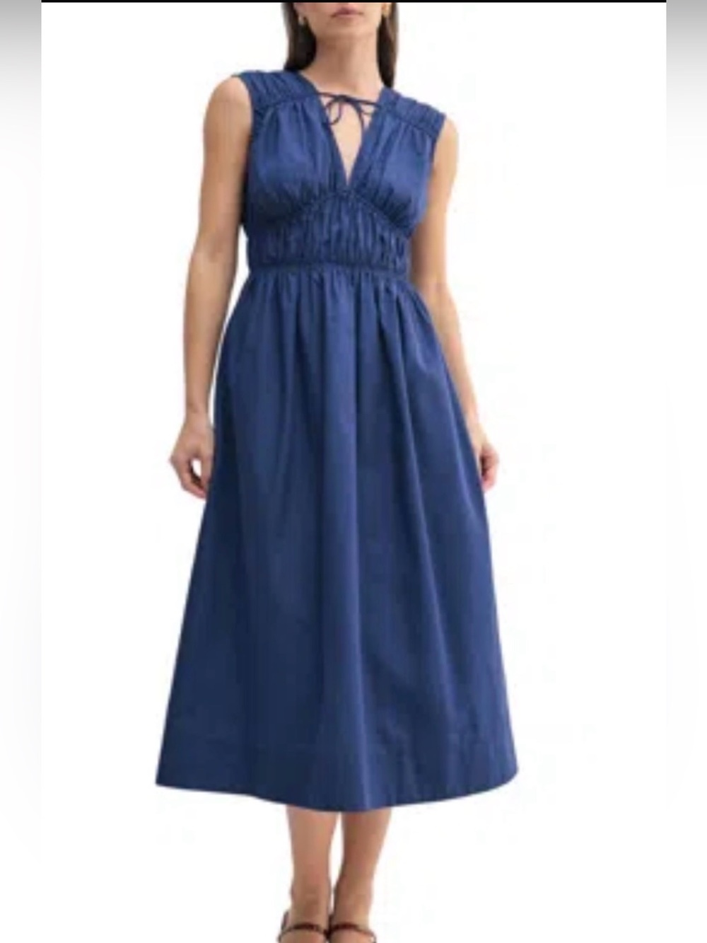 Mila Mae Navy V-Neck tie Gathered Waist Midi Dress size large - Picture 7 of 7